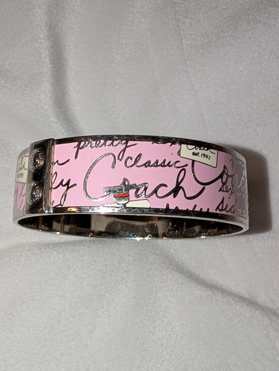 Coach Jewelry - Coach Pink Script Perfume Bottle Enamel Bangle Bracelet Pink Silver Like New